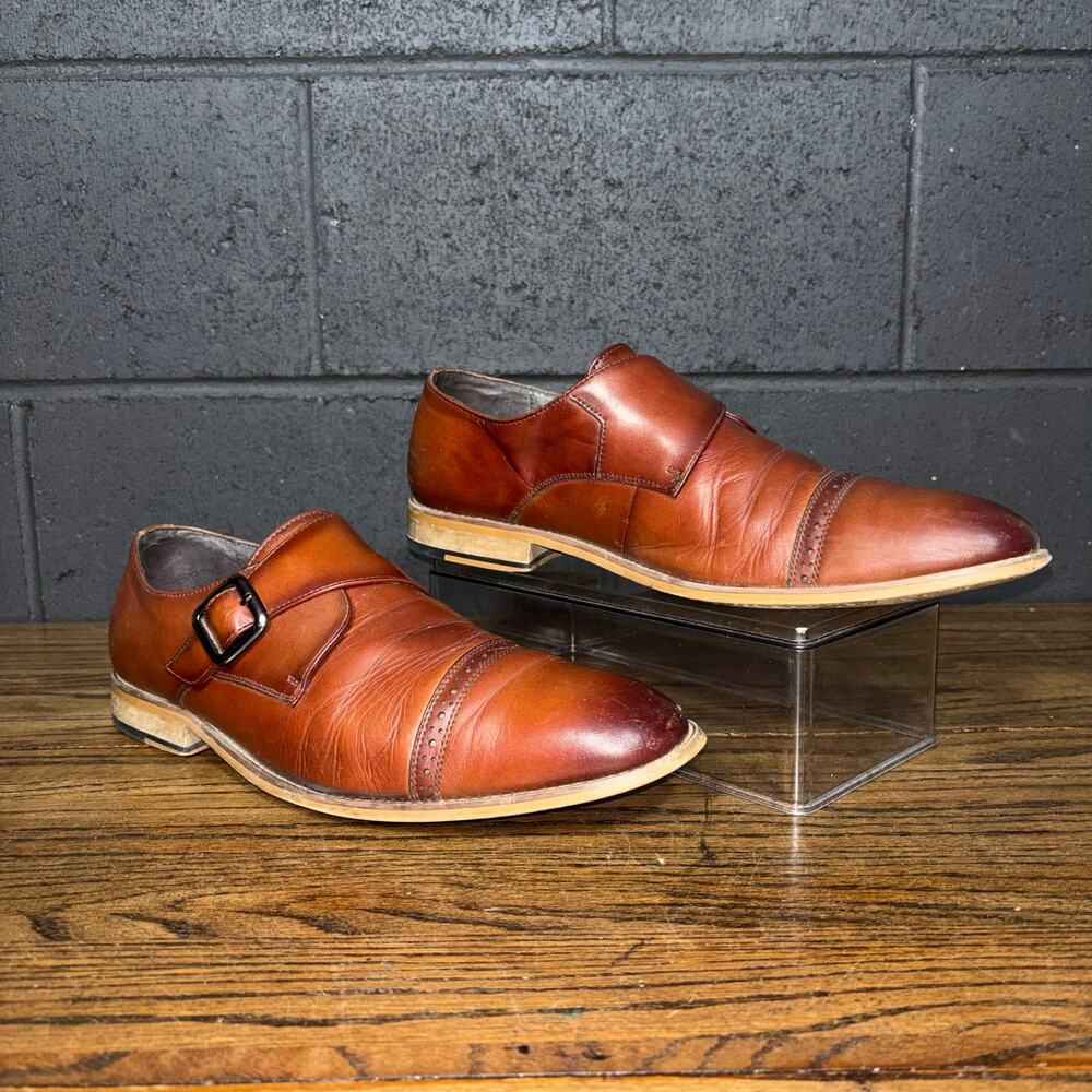 Stacy Adams Cap Toe Monk Strap Dress Shoes Cognac Brown Leather 11.5M